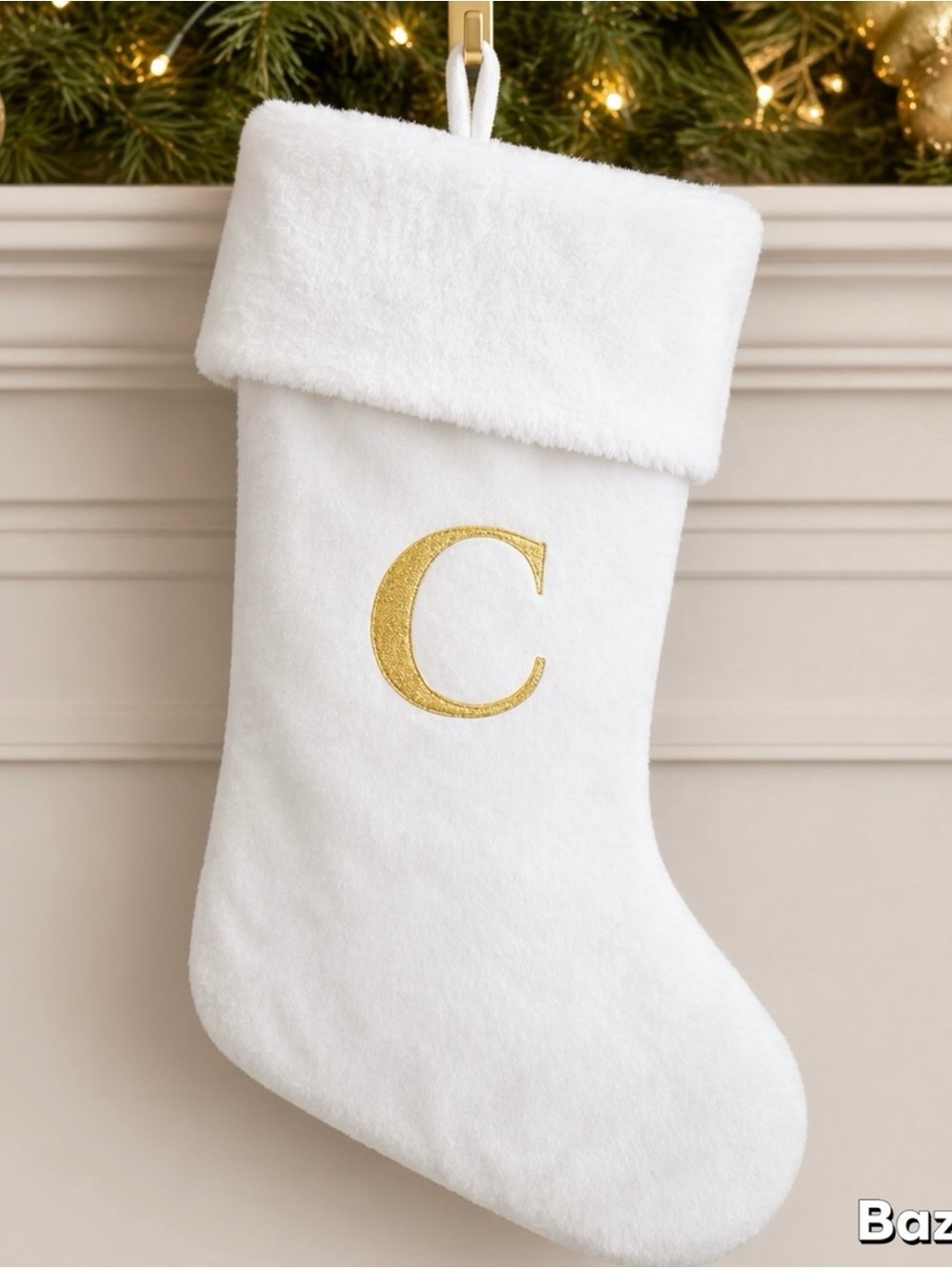 10” Velvet & fur “C” Monogram White &Gold Christmas Stocking